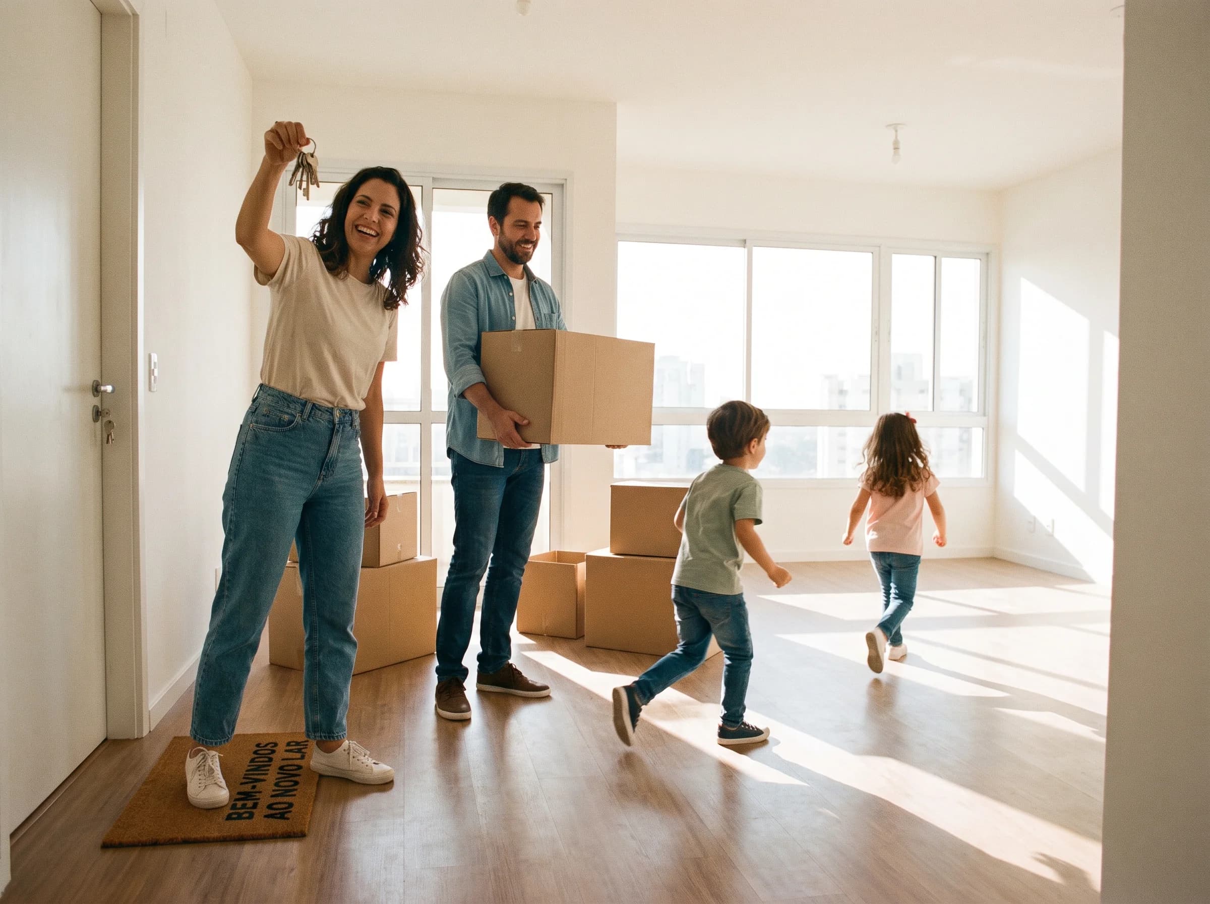 Família sorrindo segurando a chave do apartamento novo, com caixas de mudança ao fundo