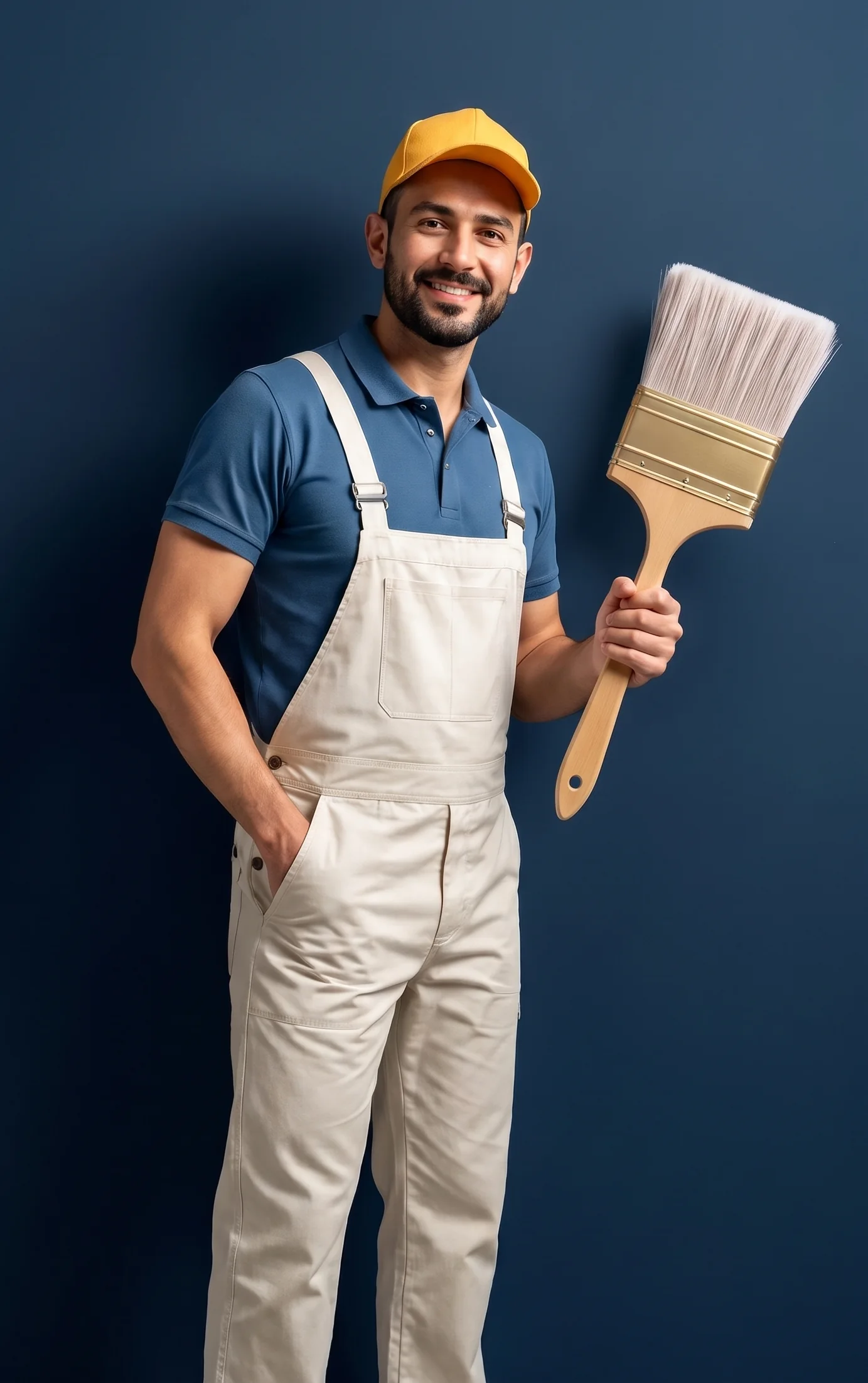 Pintor profissional da Tá de Cara Nova, sorrindo, com trincha grande, sobre fundo azul petróleo