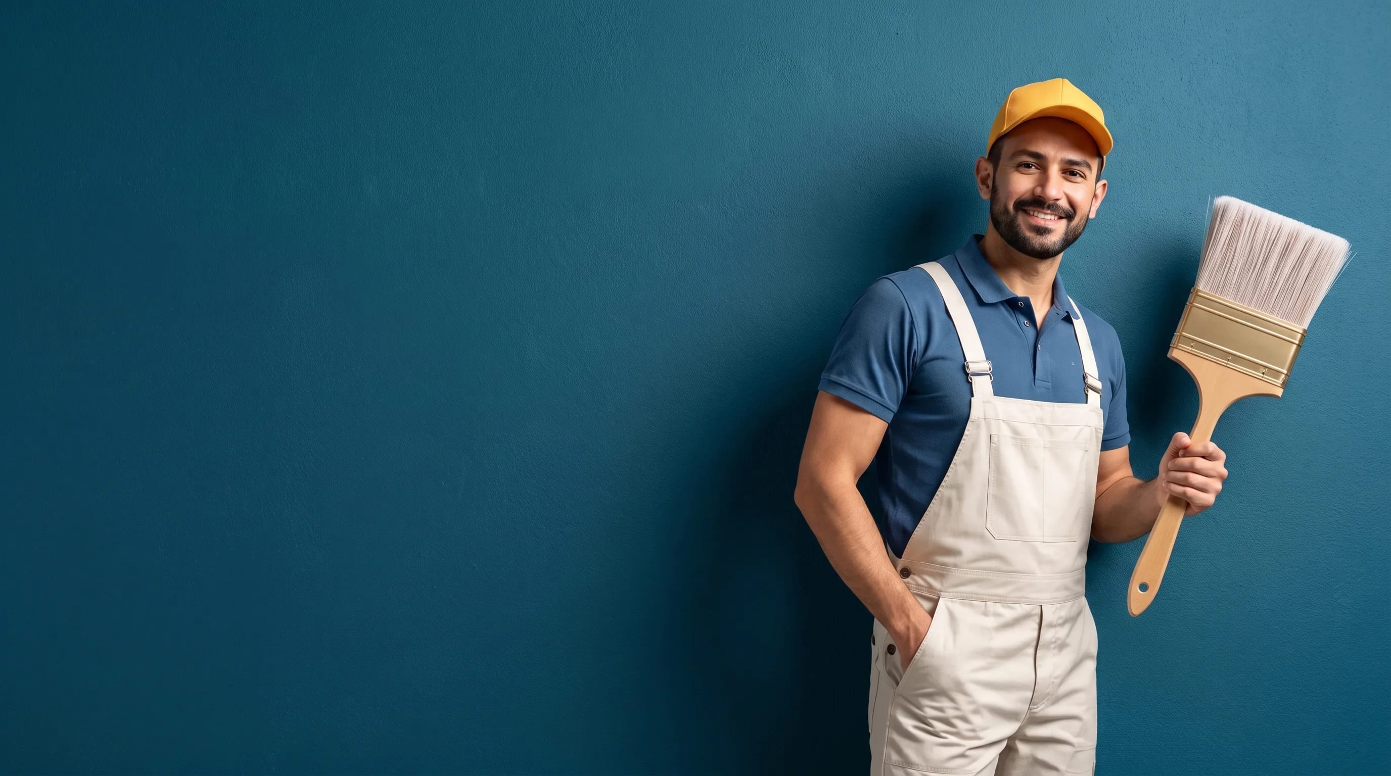 Pintor profissional da Tá de Cara Nova, sorrindo, com trincha grande, sobre fundo azul petróleo